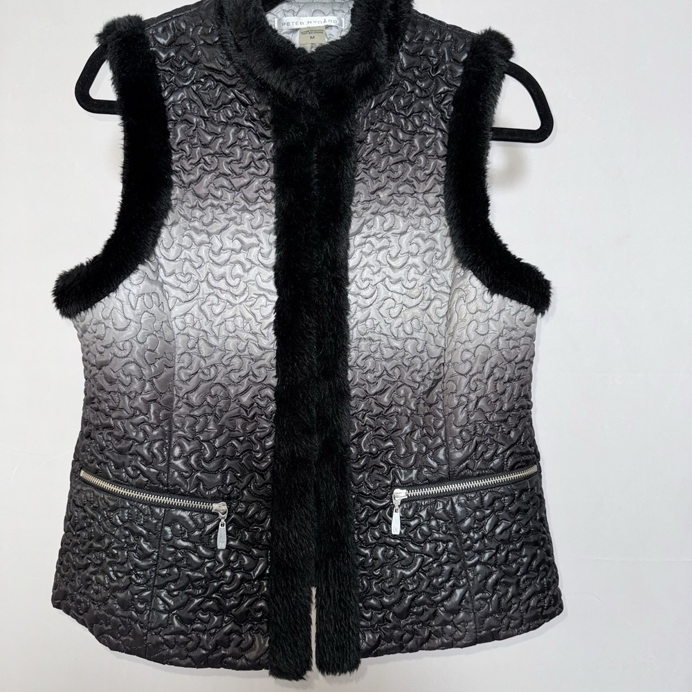 Peter Nygard Black Gray Puffer Faux Fur Trim Zipper Vest Women's Medium Y2K